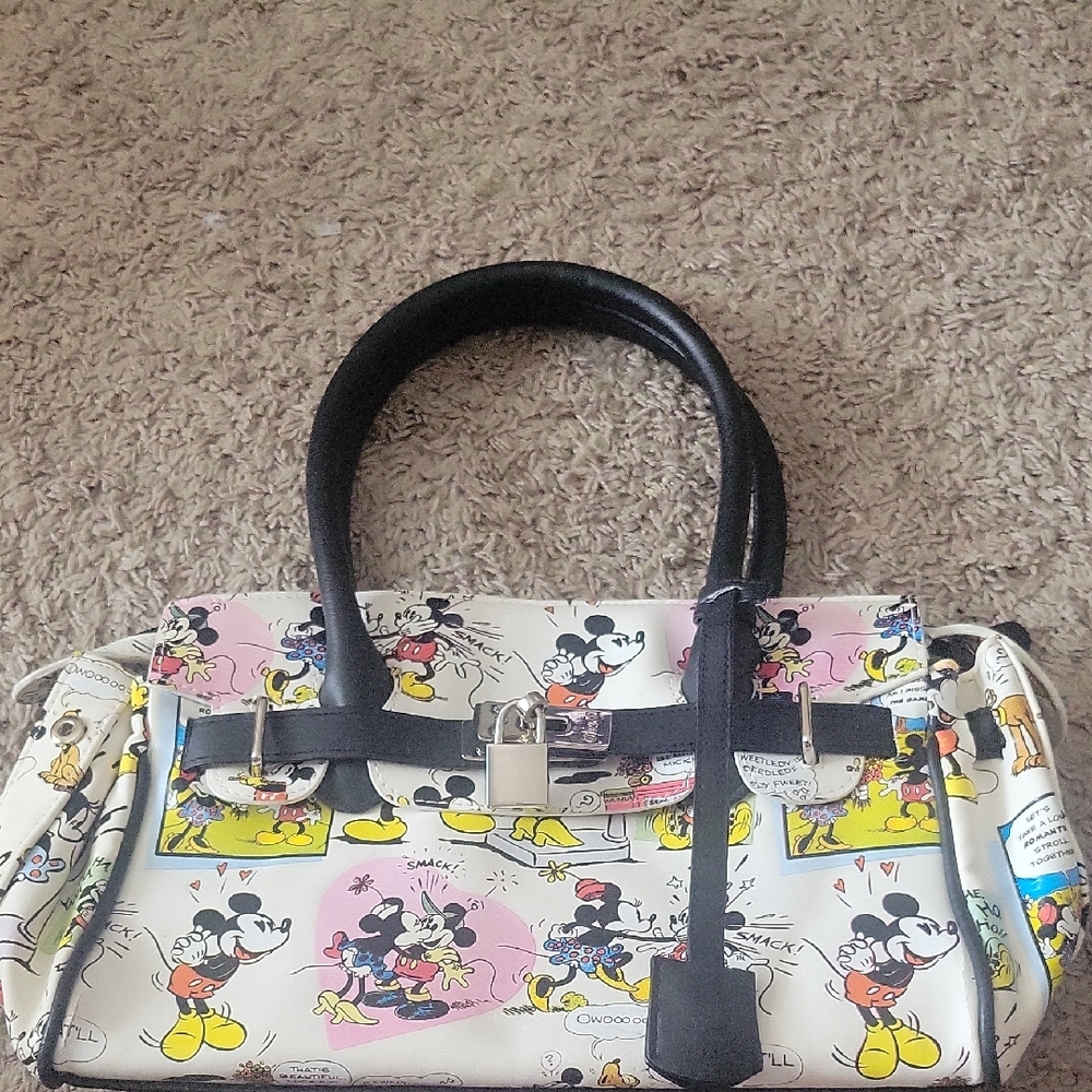 Disney Cartoon Comic Strip Satchel — White with Black Handles and Yellow Accents